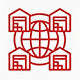 Red icon with a globe and buildings on a white background