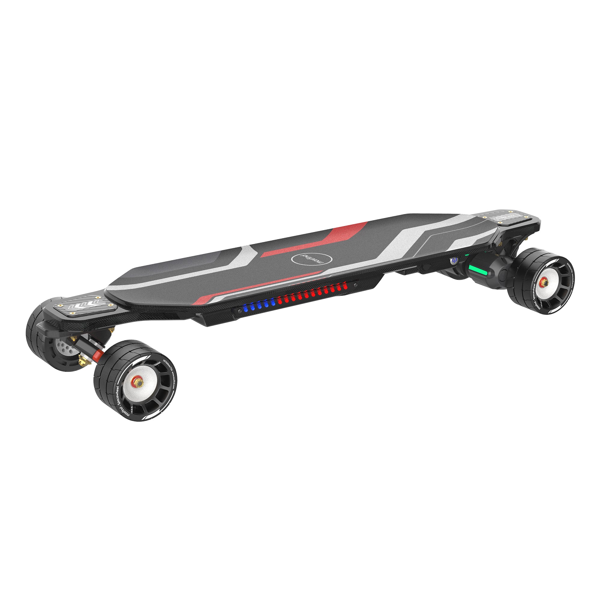Electric skateboard with LED lights on a white background