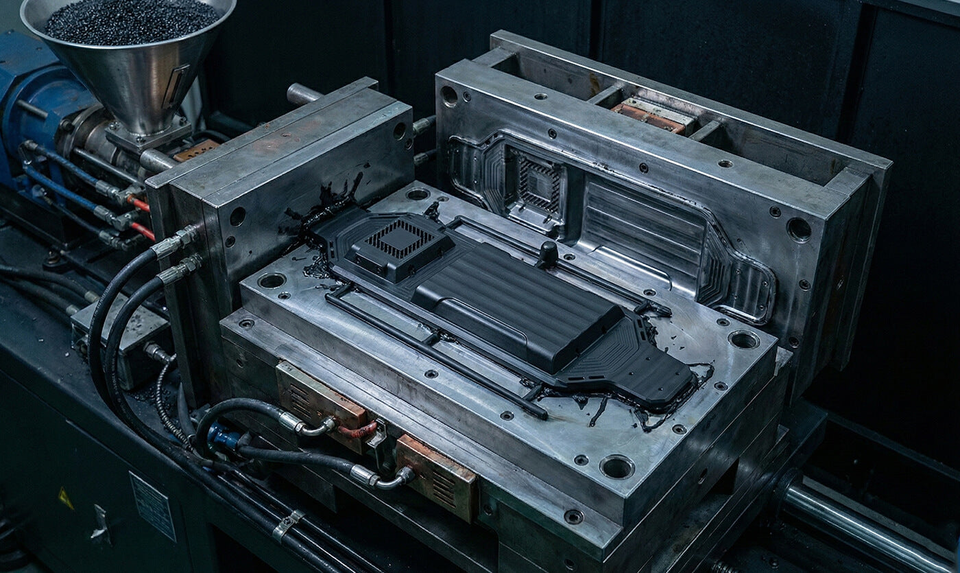 Industrial machine component with metallic finish on a dark background