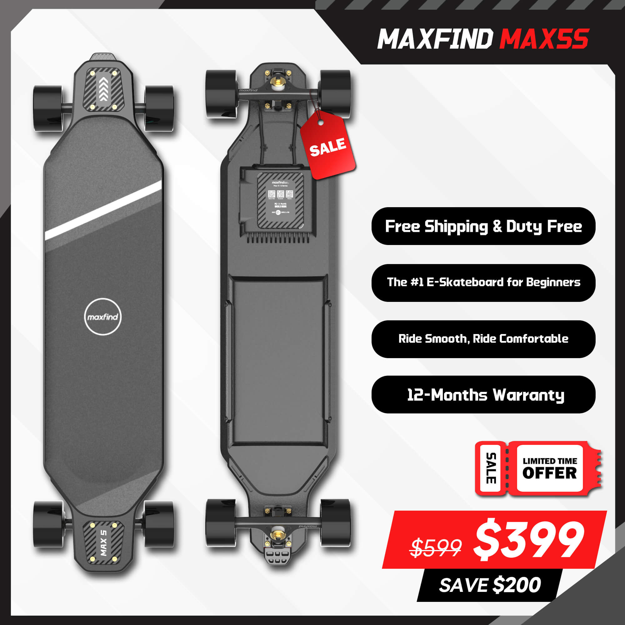 Electric Skateboard for Beginners, Ride Easy - MAXFIND MAX5S