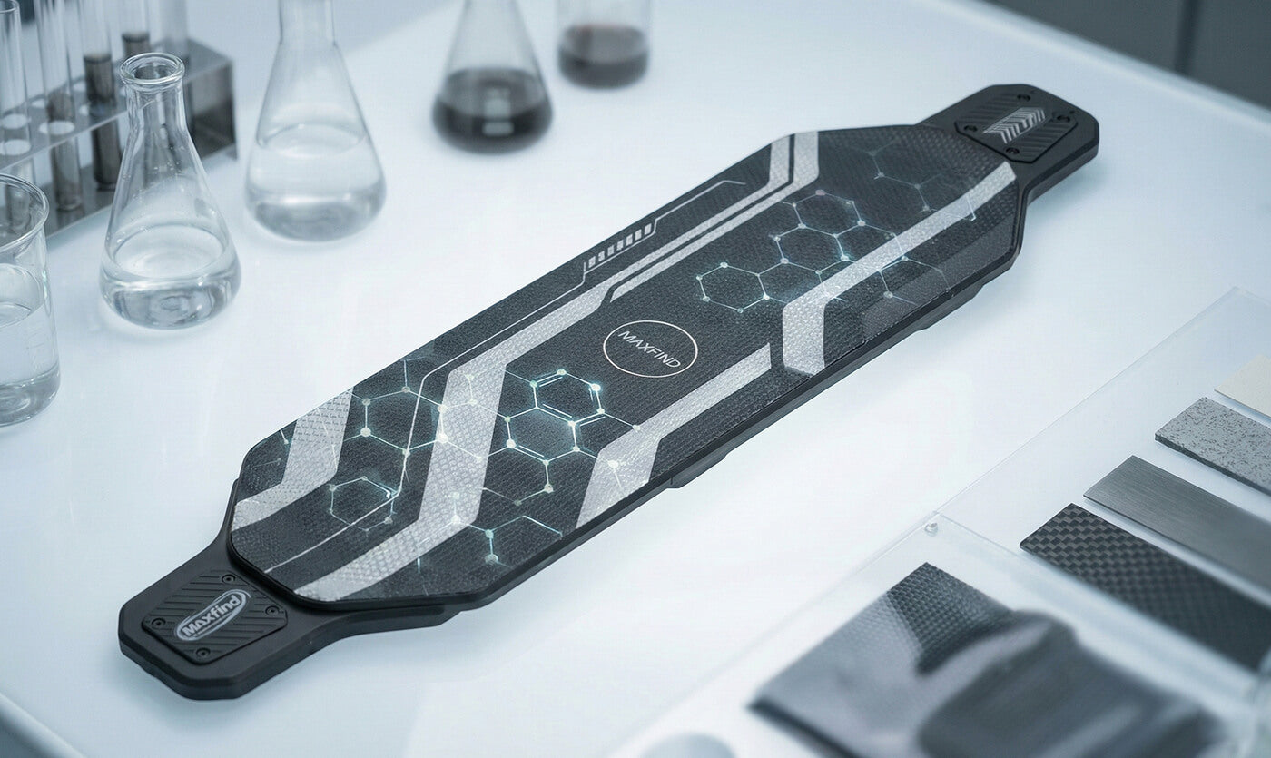 Black and gray electric skateboard deck with brand logo on a white surface