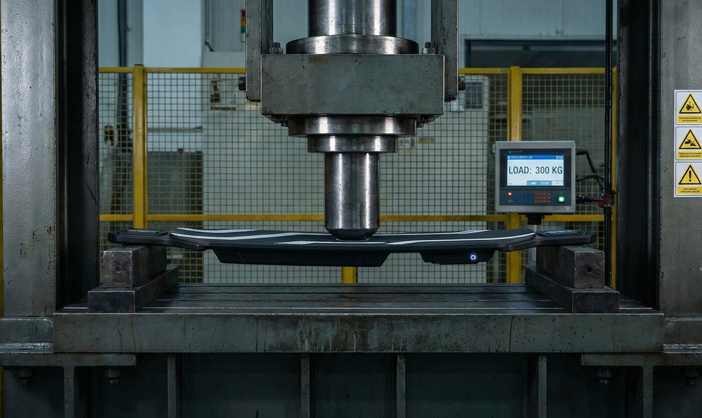 Industrial press machine testing a metal component with a digital display showing load.