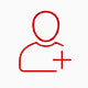 Red icon of a person with a plus sign on a white background